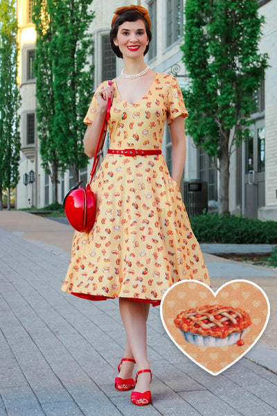 Sleeved Tea Dress in Muted Orange Apple Pie Print