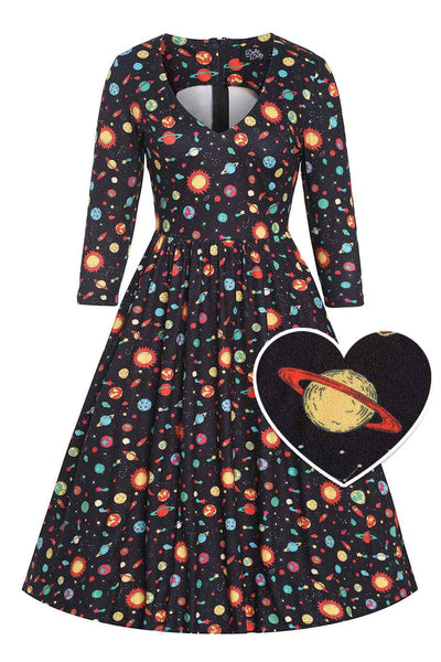 Front view of  Solar System Print Flared Dress