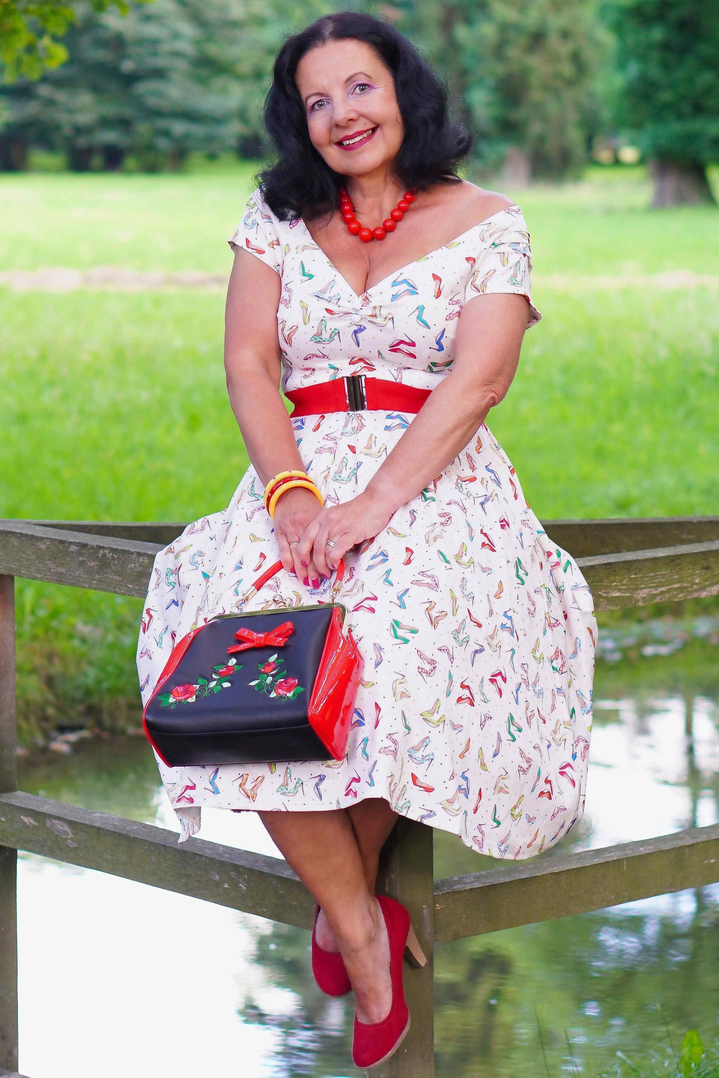 Model photo of Stiletto Print Off Shoulder Dress