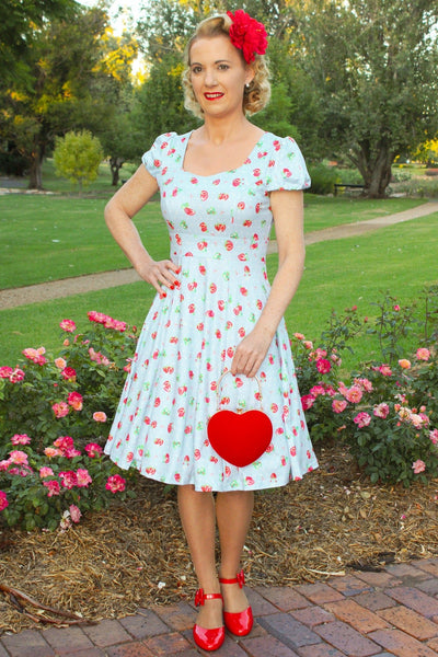 Baby Blue Swing Dress with Strawberries & Dots