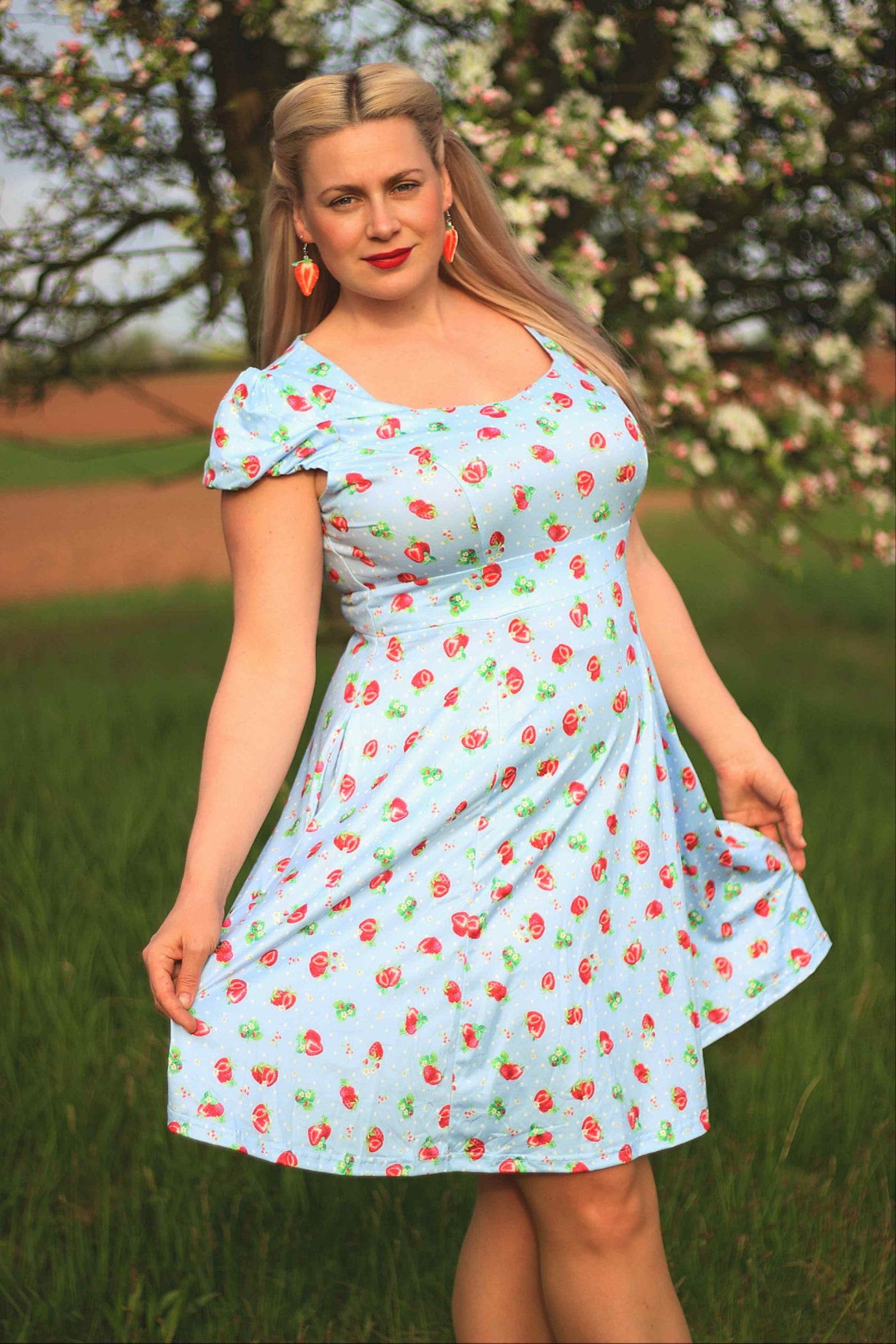 Baby Blue Swing Dress with Strawberries & Dots