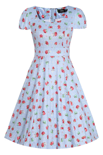 Baby Blue Swing Dress with Strawberries & Dots