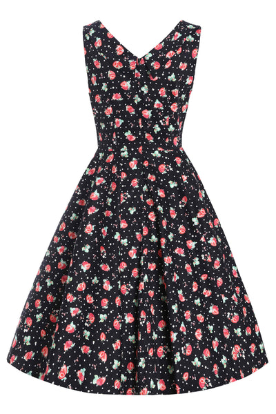 Back View of Strawberry Pleated Bust Dress in black