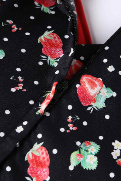 Close up View of Strawberry Pleated Bust Dress in black