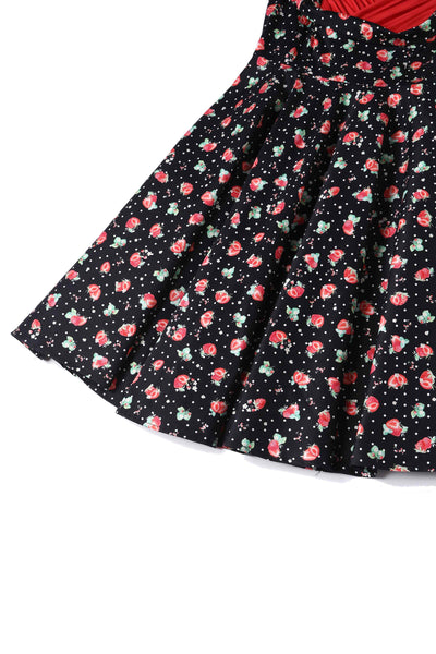 Close up View of Strawberry Pleated Bust Dress in black