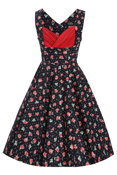 Front View of Strawberry Pleated Bust Dress in black