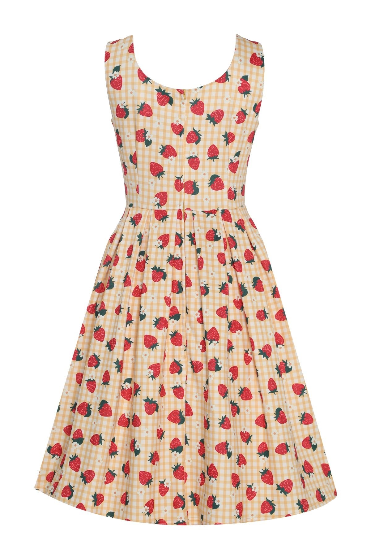 Back view of Strawberry Yellow Gingham Flared Dress