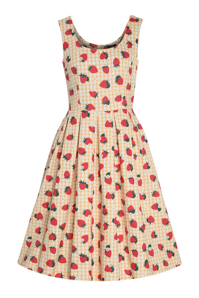 Front view of Strawberry Yellow Gingham Flared Dress