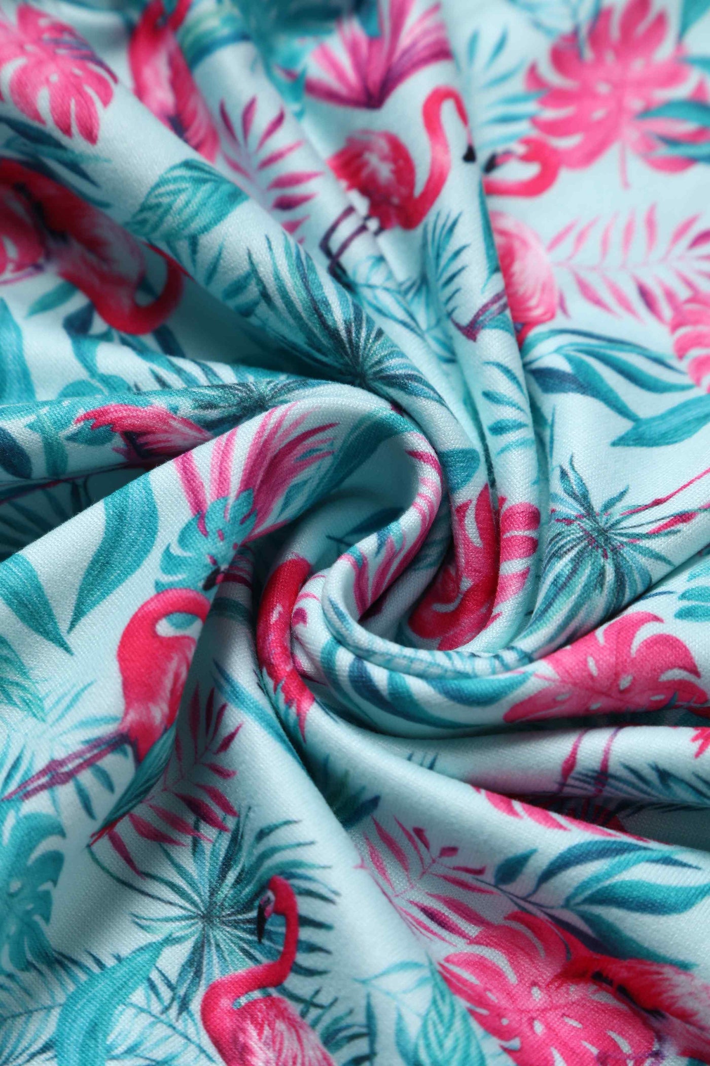 Close up view of View of Summer Flamingo Baby Blue Jumpsuit