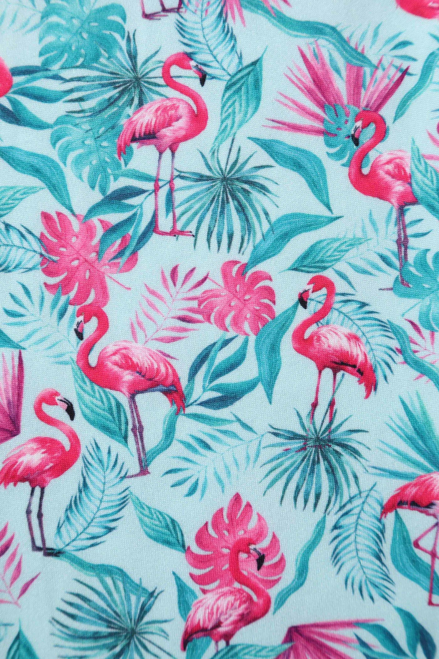 Close up view of View of Summer Flamingo Baby Blue Jumpsuit