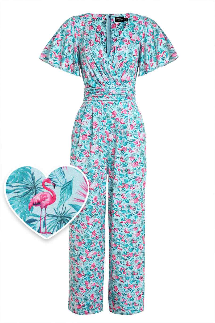 Front view of View of Summer Flamingo Baby Blue Jumpsuit