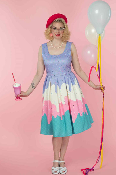 A model wearing a Summer Sprinkles Ice Cream Cone Swing Dress