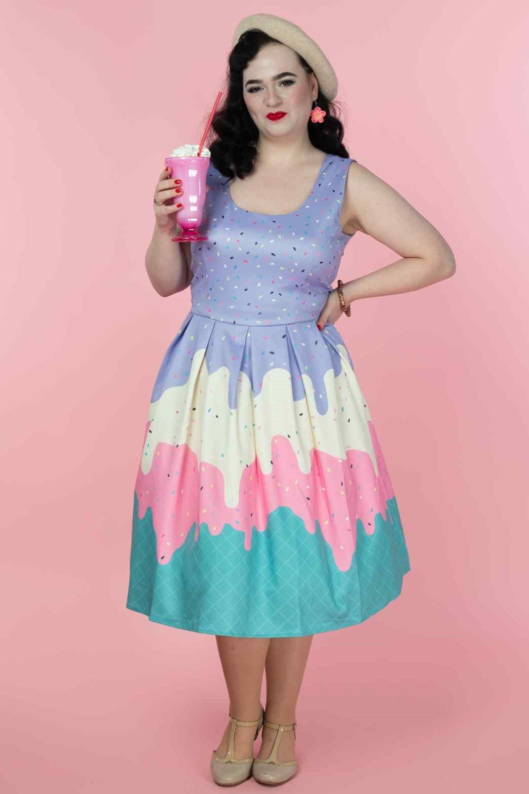 A model wearing a Summer Sprinkles Ice Cream Cone Swing Dress