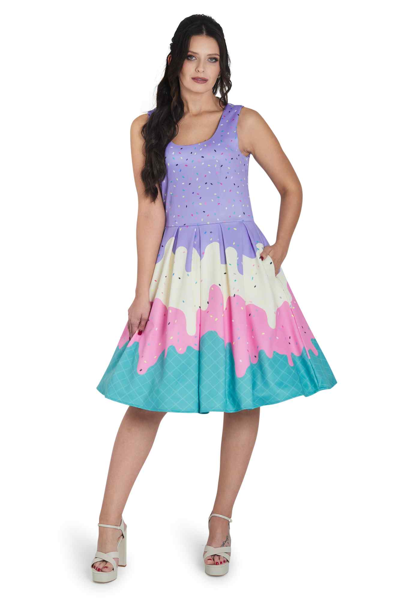 Model wearing Summer Sprinkles Ice Cream Cone Swing Dress