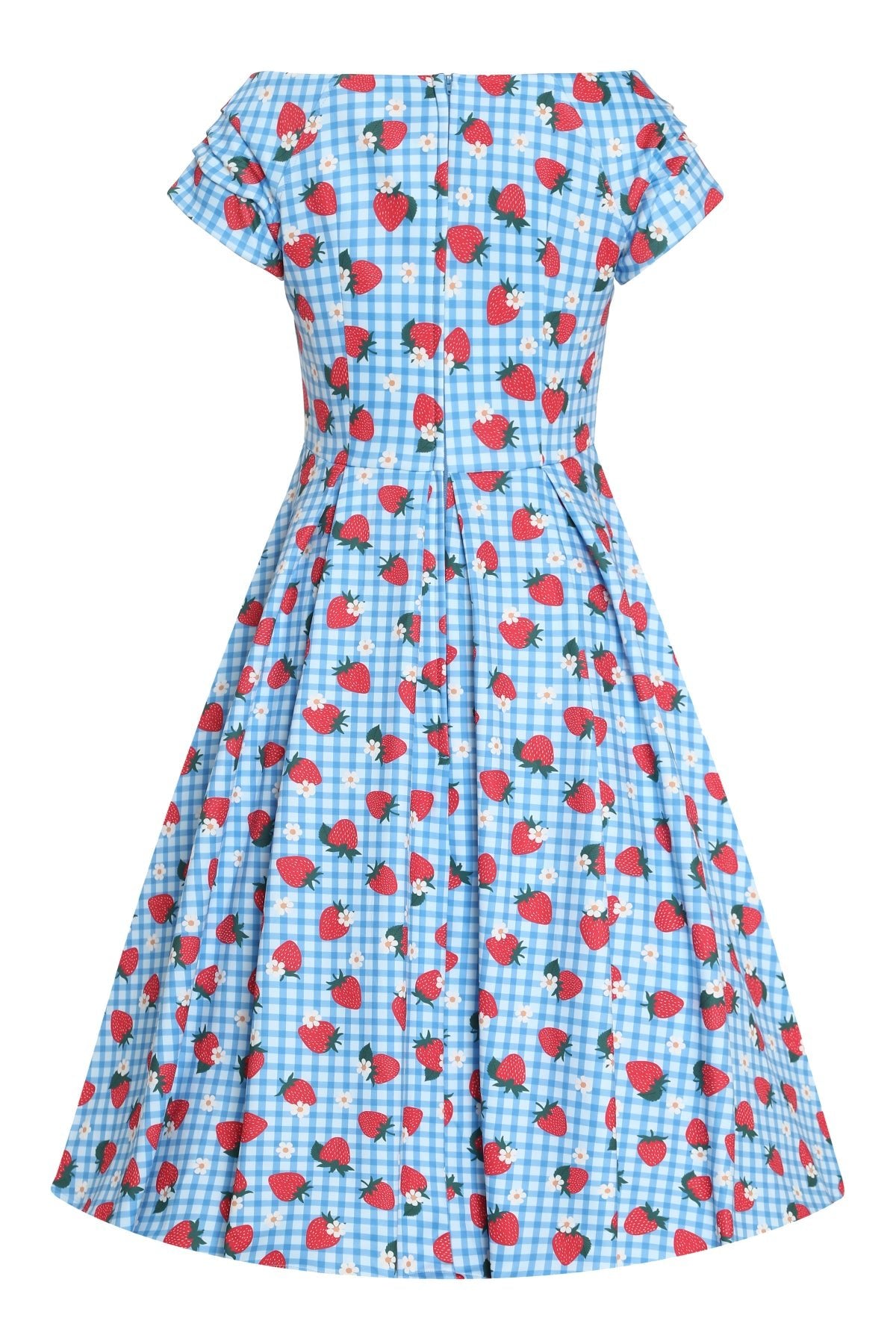 Back view of Summer Strawberry Blue Gingham Dress