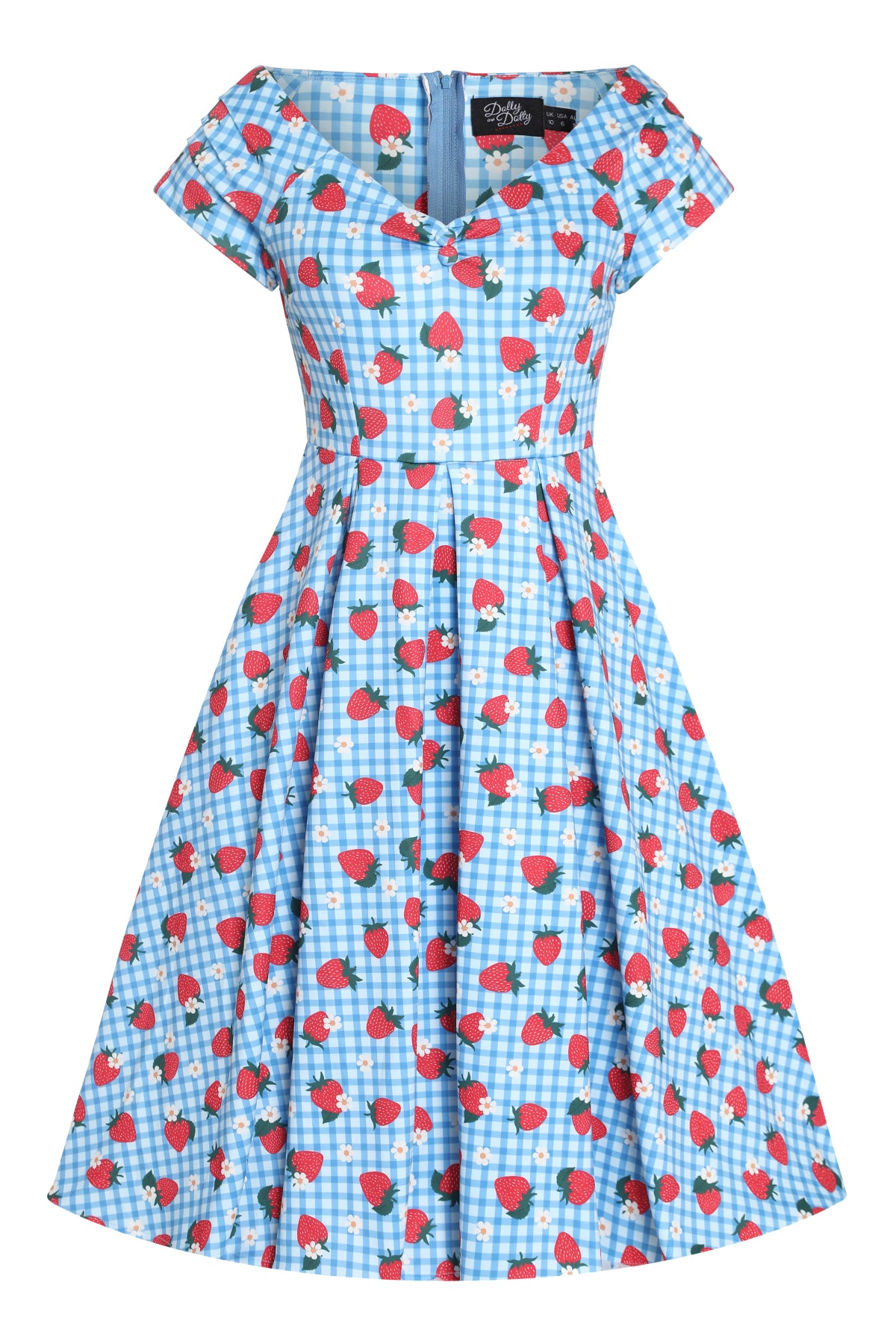 Front view of Summer Strawberry Blue Gingham Dress