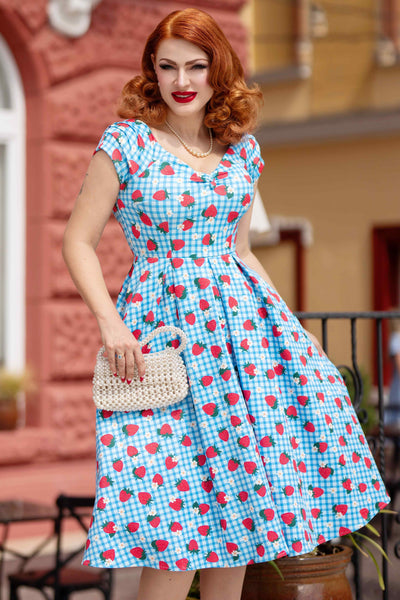 A lady wearing a Summer Strawberry Blue Gingham Dress