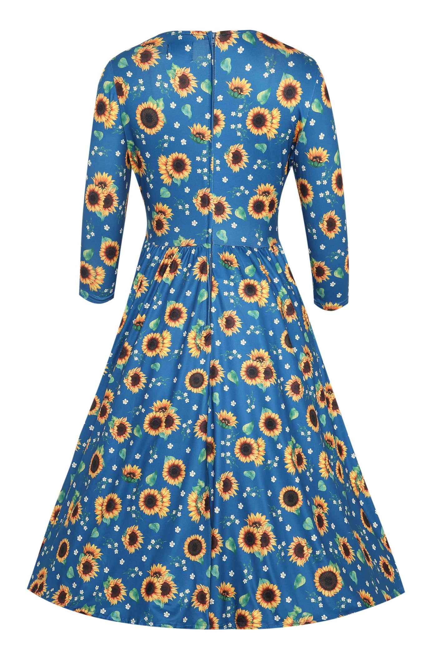 Back view of Sunflower Print Flared Dress in Blue