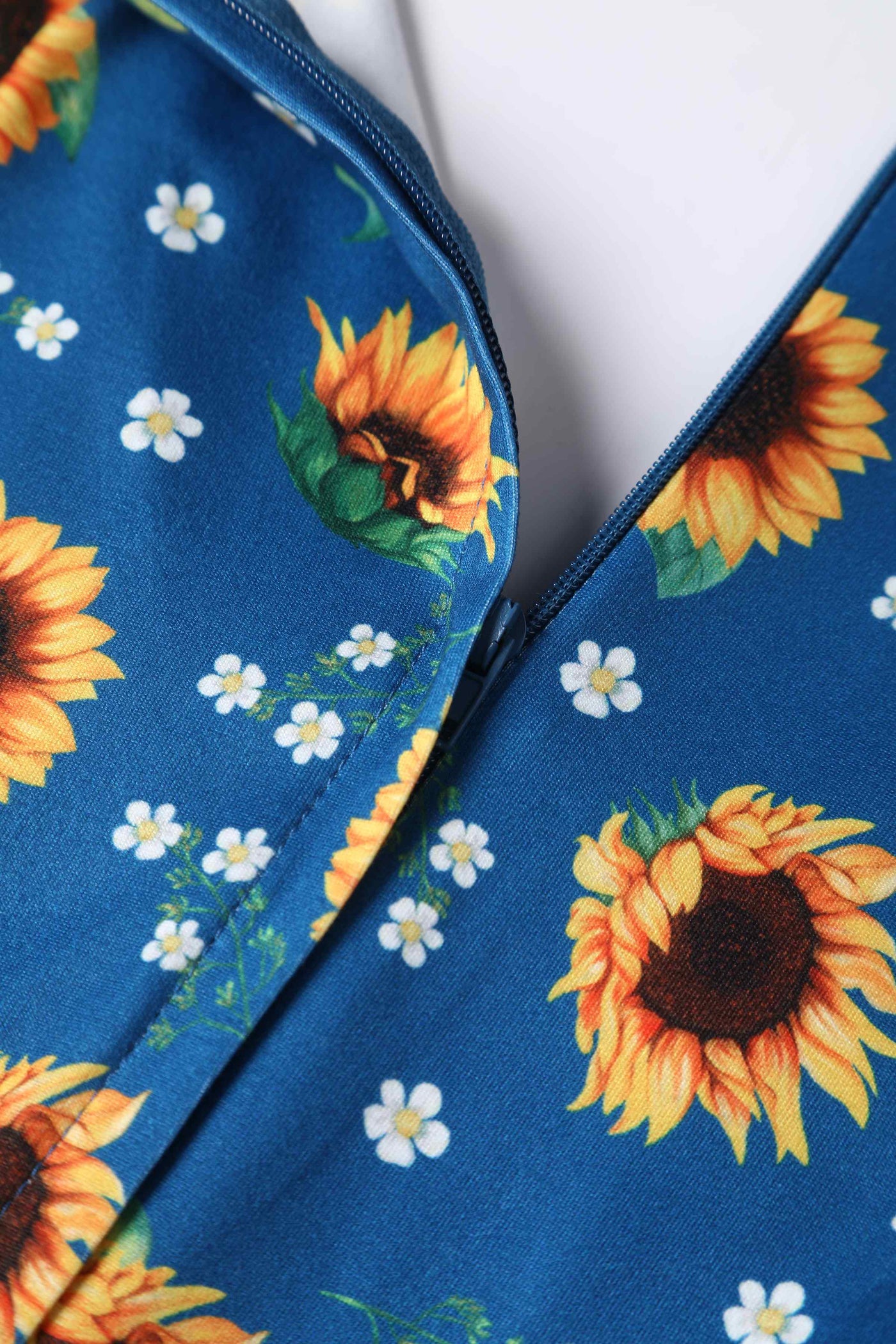 Close up view of Sunflower Print Flared Dress in Blue