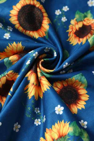 Close up view of Sunflower Print Flared Dress in Blue