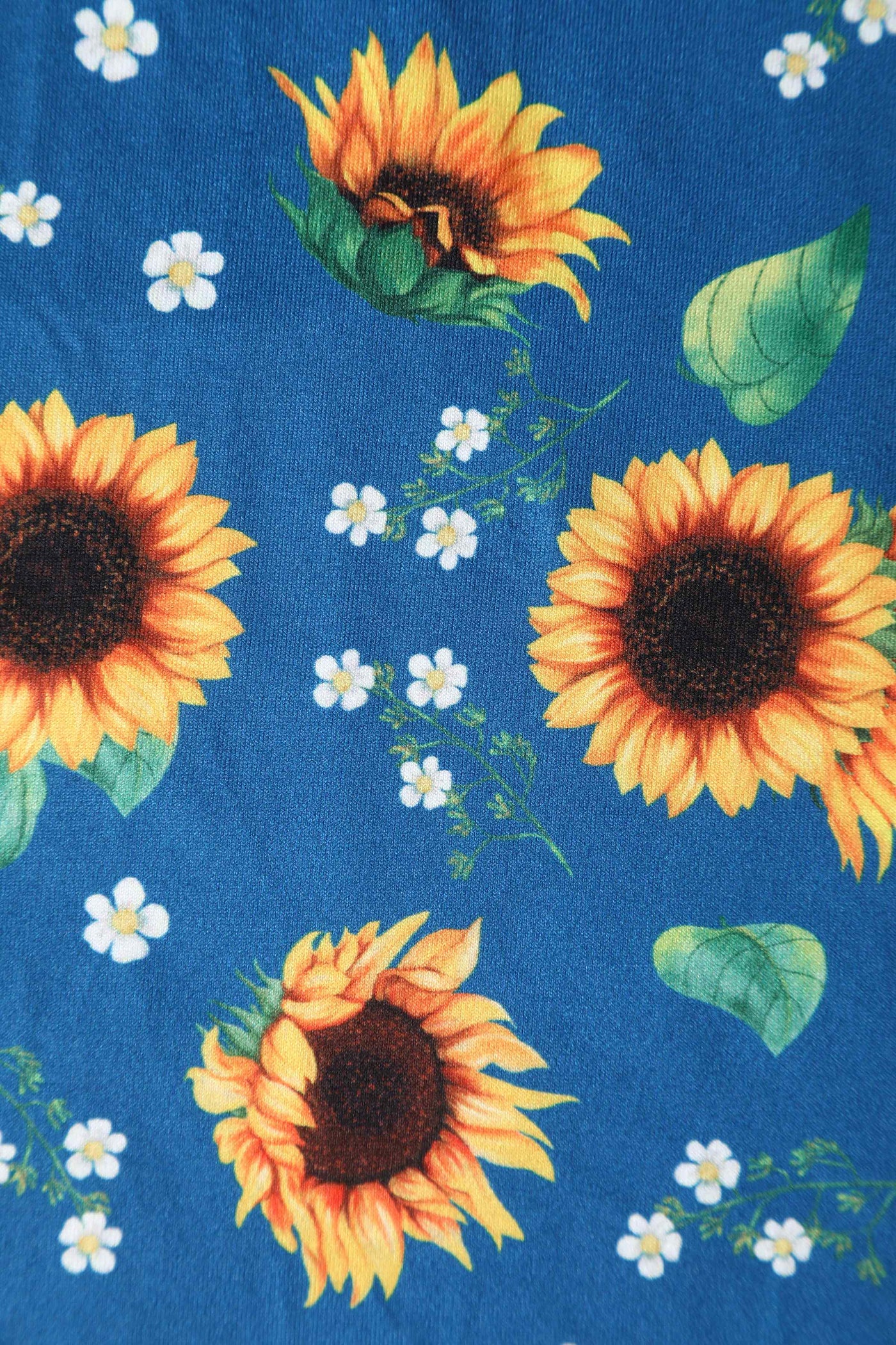 Close up view of Sunflower Print Flared Dress in Blue