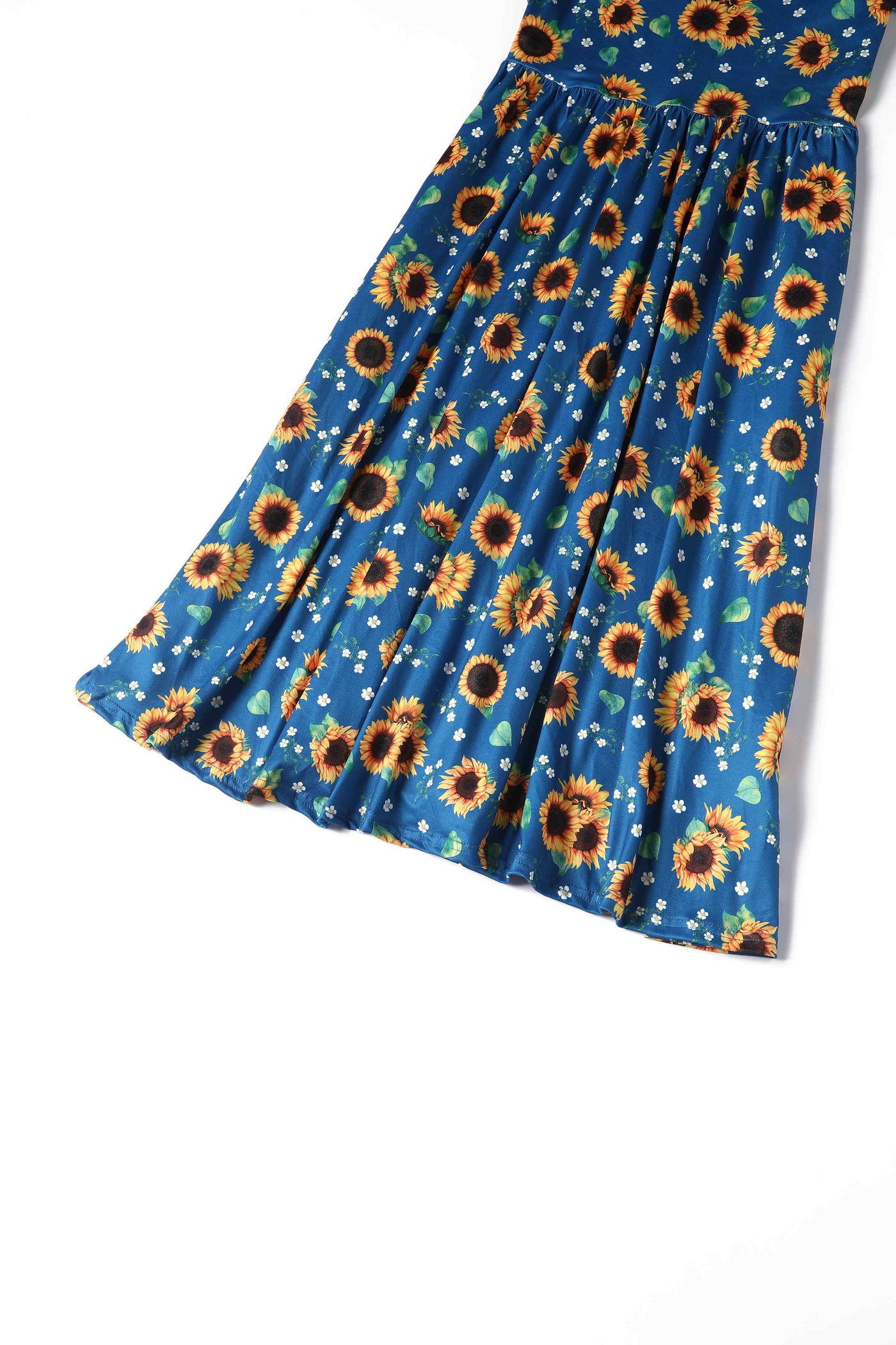 Close up view of Sunflower Print Flared Dress in Blue