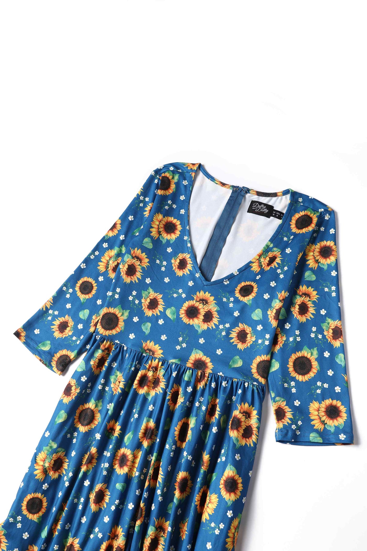 Close up view of Sunflower Print Flared Dress in Blue