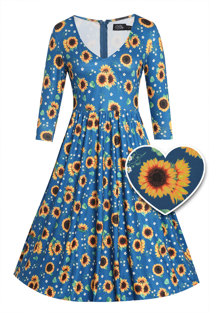 Front view of Sunflower Print Flared Dress in Blue