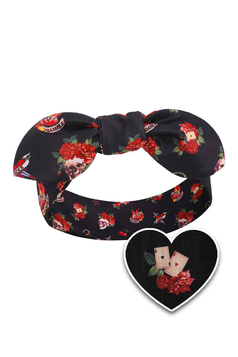 Tie Knot Headband in Black Rockabilly Print