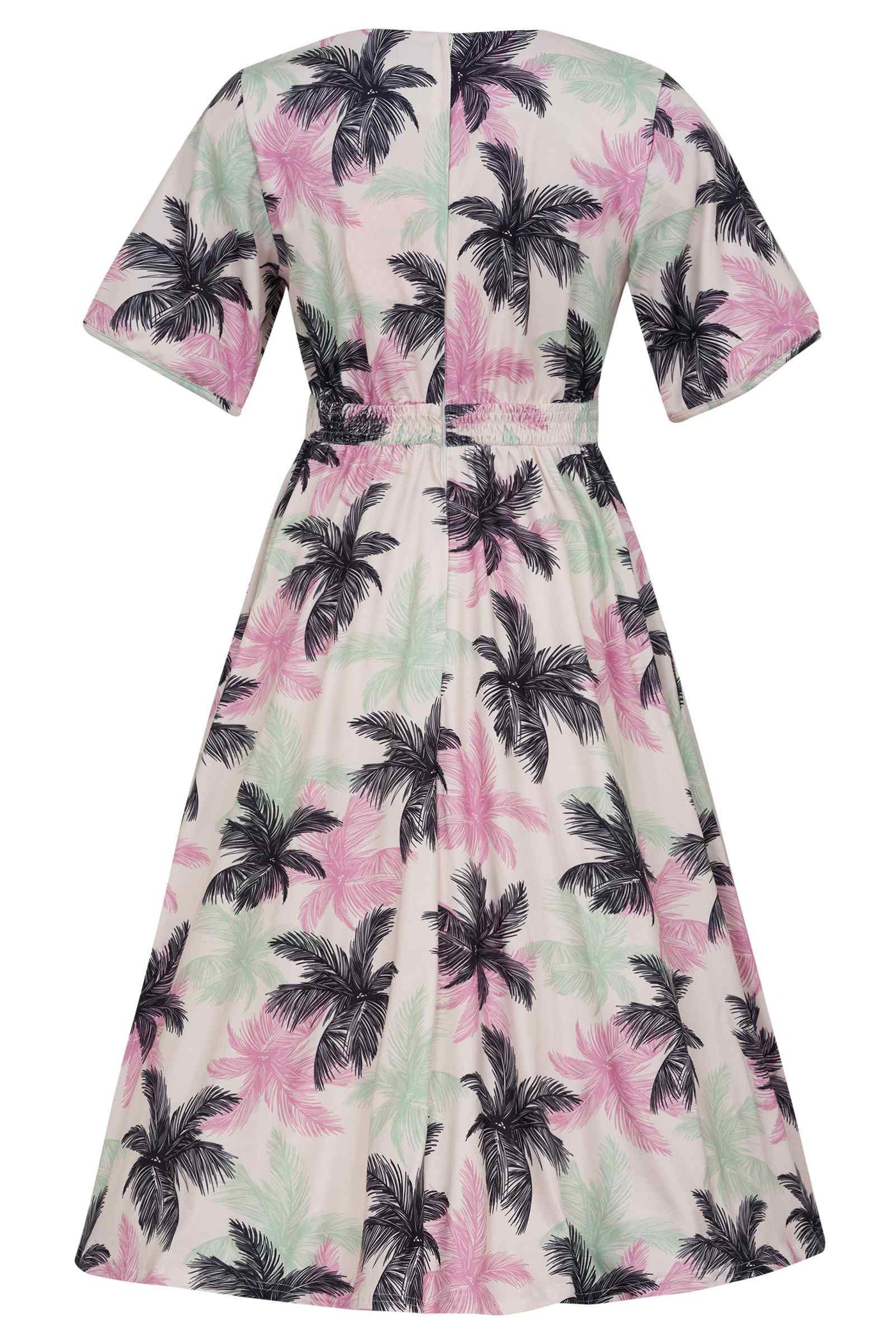 Back view of short sleeved tea dress, in white/black/green/pink palm tree print