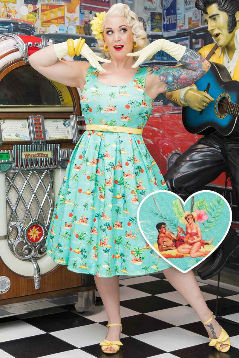 A model wearing Turquoise Sunset Pinup Couple Swing Dress