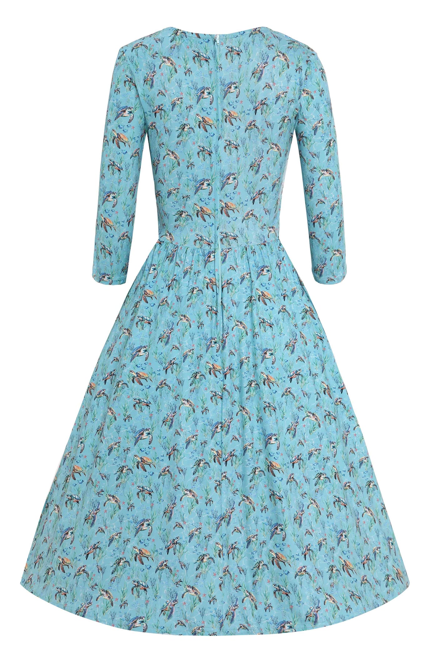 Back view of Underwater Turtle Print Flared Dress in Light Blue