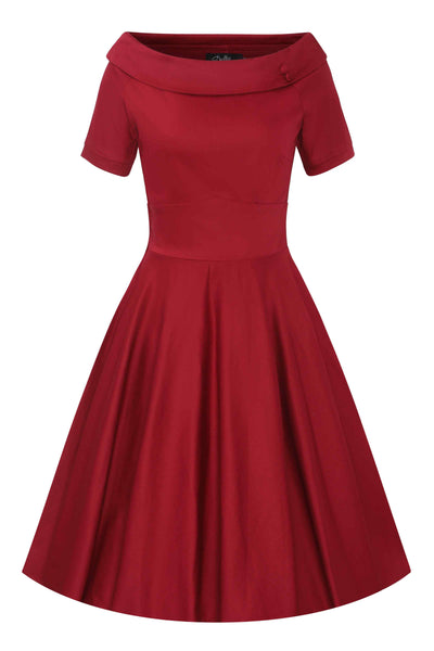 Front view of Burgundy Roll Collar Circle Dress