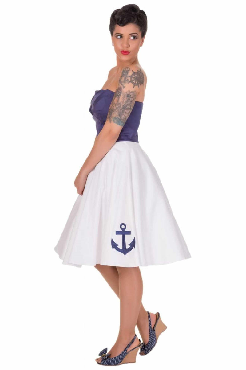 Embroidered Anchor Vintage Inspired Dress in Navy Blue-White