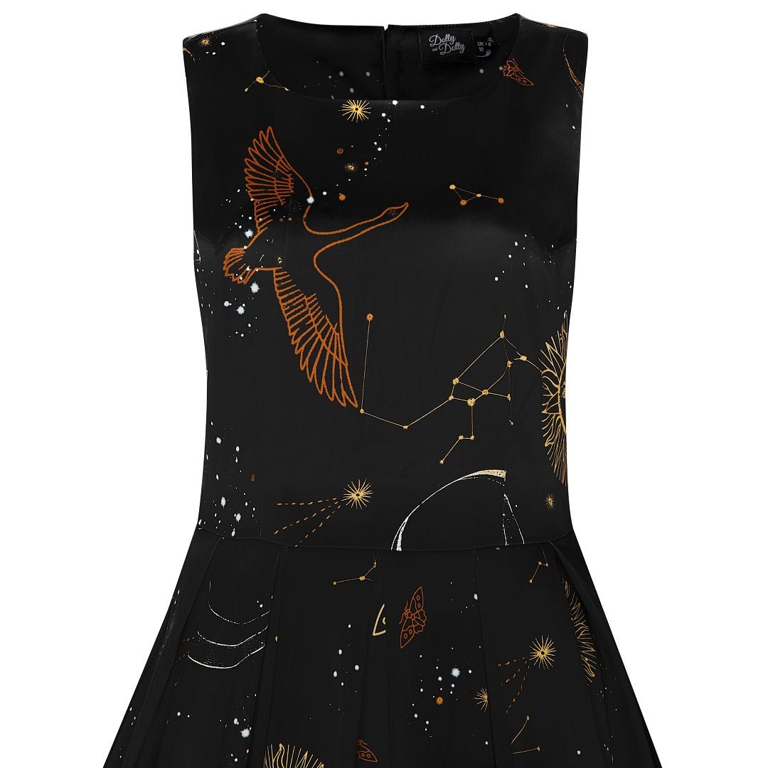 Annie Vintage Inspired Swing Dress in Black Astronomy Print