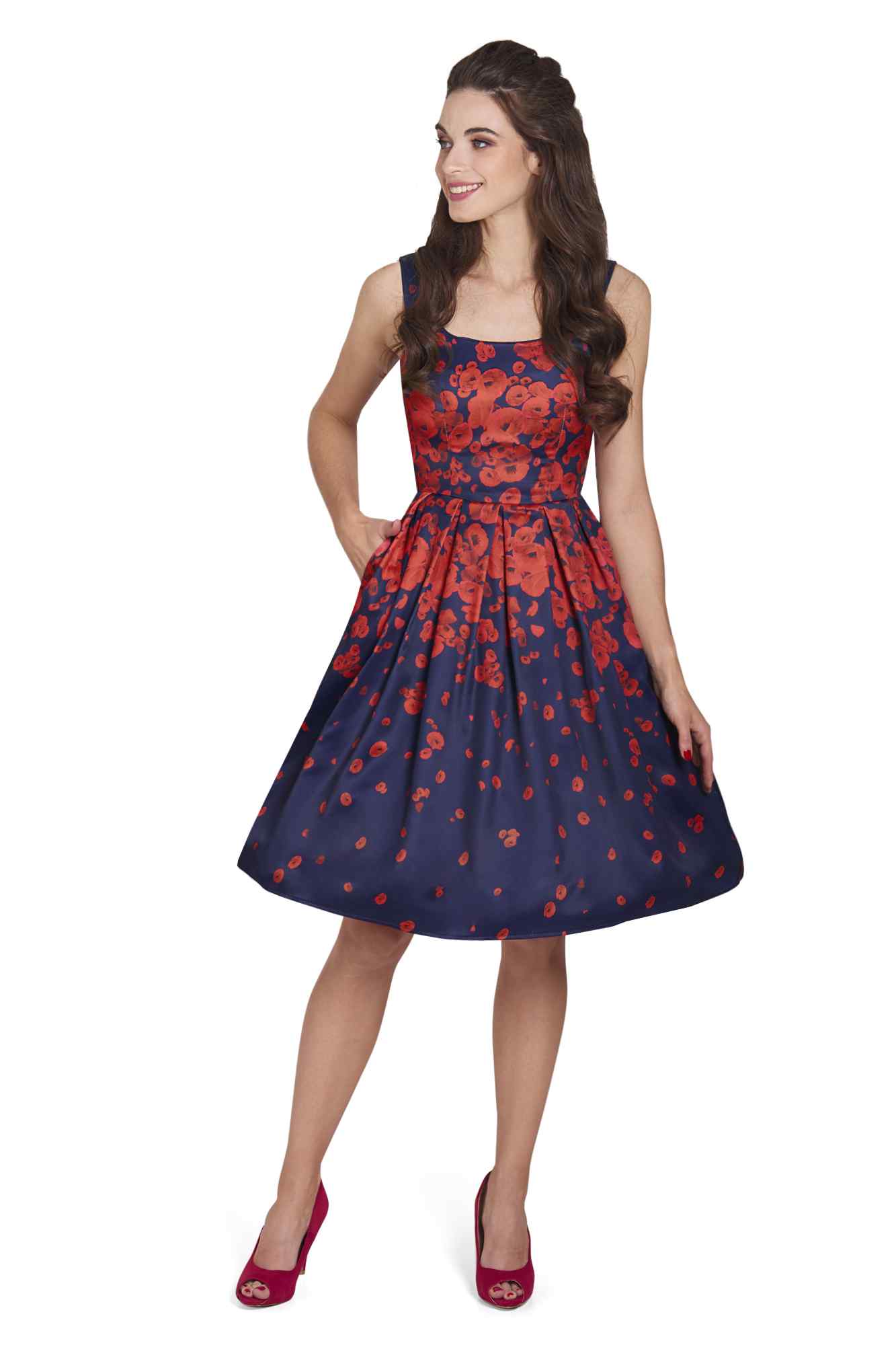 model wearing 50s Inspired Swing Dress Navy with Poppy Flowers