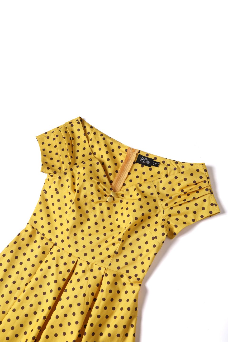 Close up view of Yellow Polka Dot Off Shoulder Dress