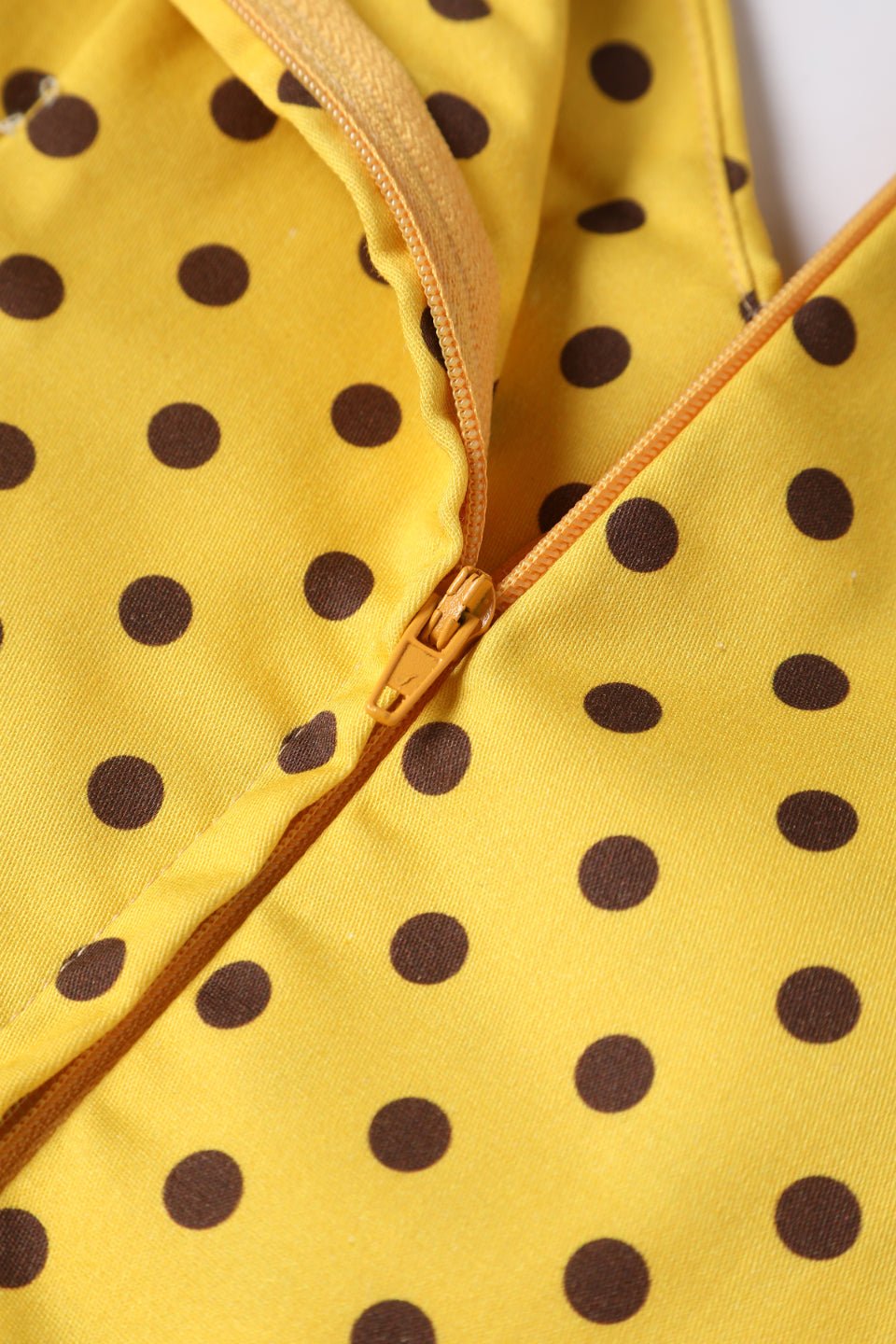 Close up view of Yellow Polka Dot Off Shoulder Dress