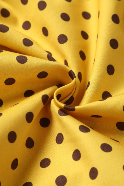 Close up view of Yellow Polka Dot Off Shoulder Dress