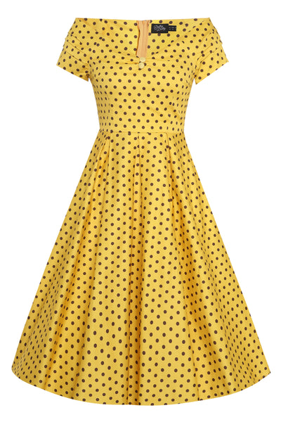 Front view of Yellow Polka Dot Off Shoulder Dress