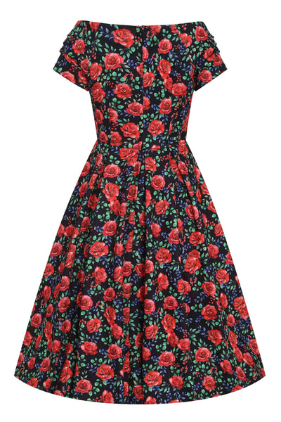 Back view of Vintage Red Rose Off Shoulder Dress In Black