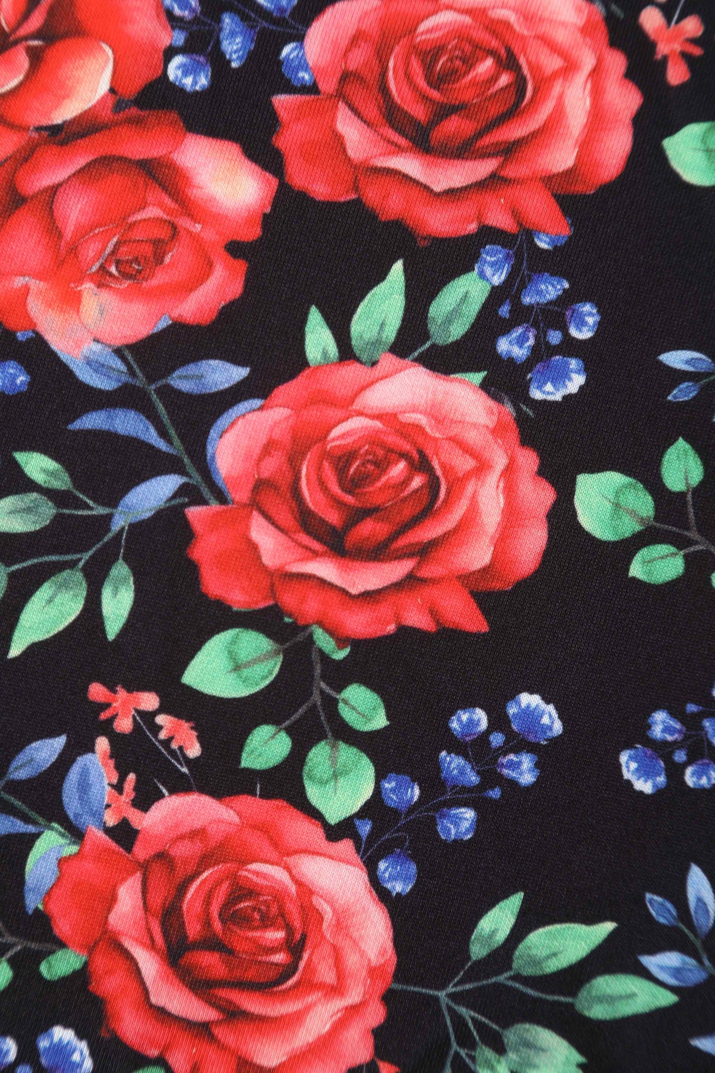 Close up view of Vintage Red Rose Off Shoulder Dress In Black