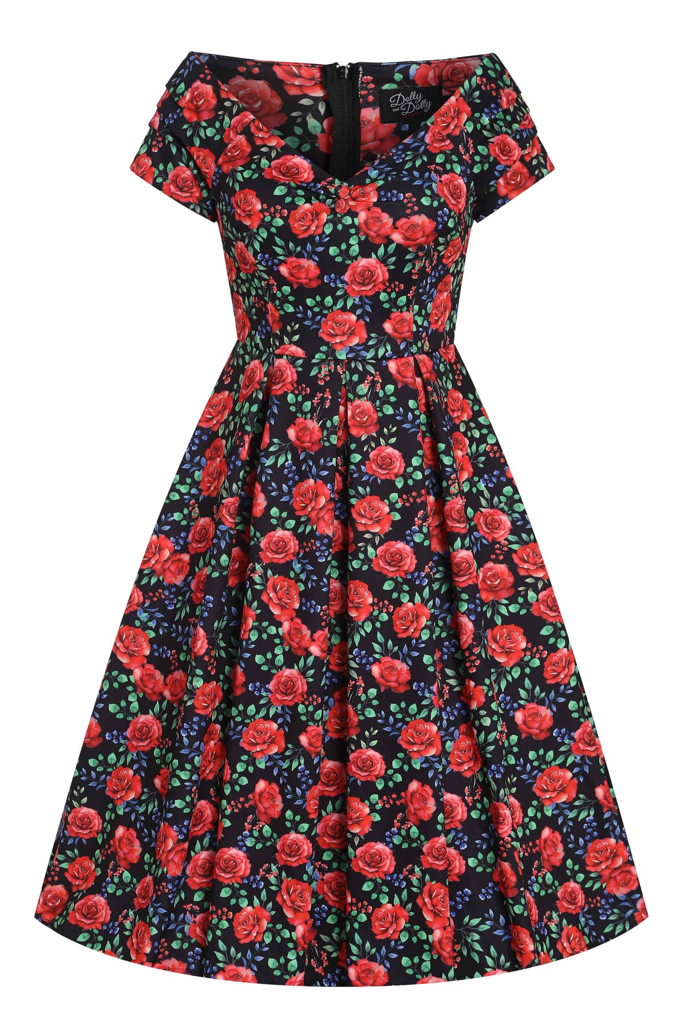 Lily Vintage Red Rose Off Shoulder Dress In Black