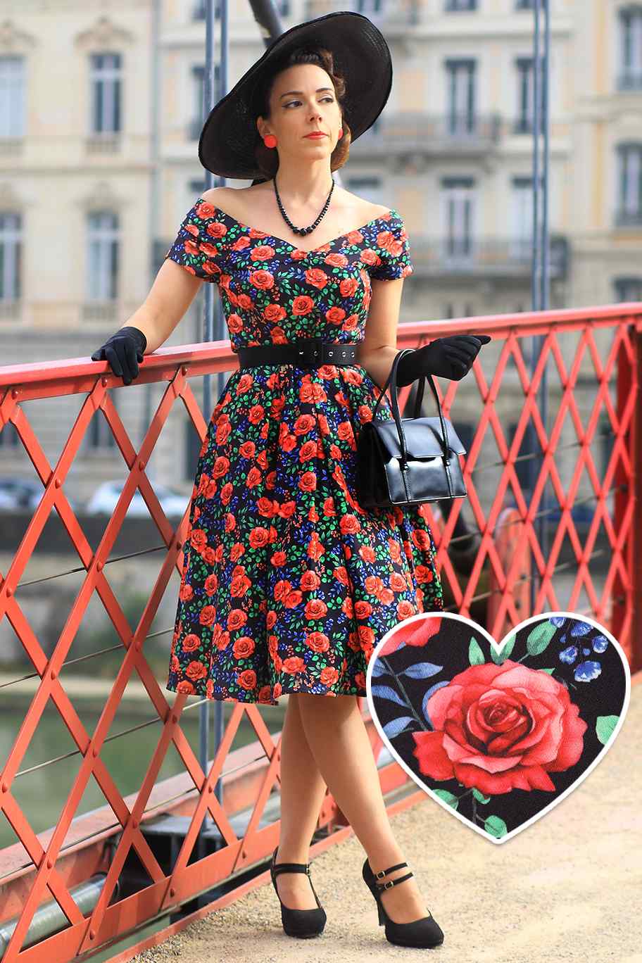 Vintage Red Rose Off Shoulder Dress In Black