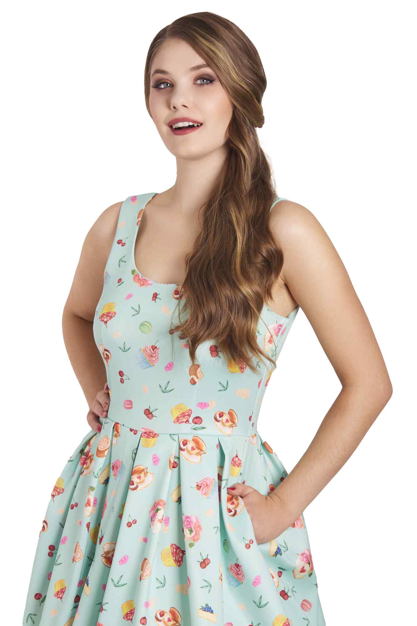Model wearing 50's Afternoon Tea Dress In Blue Cake Print