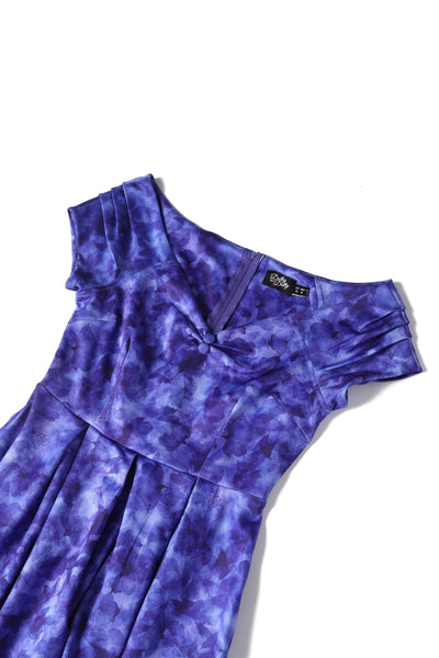 Close up view of Purple Watercolour Floral Off Shoulder Dress