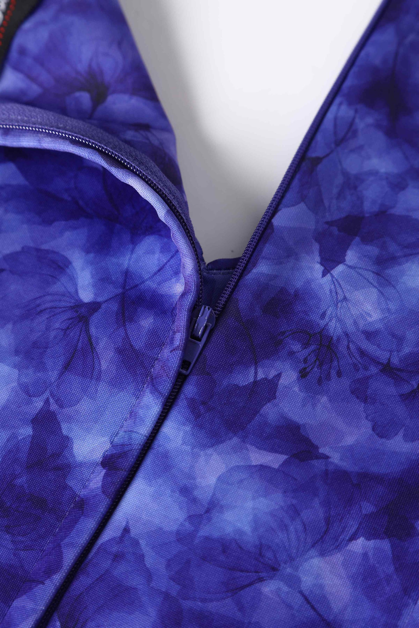 Close up view of Purple Watercolour Floral Off Shoulder Dress