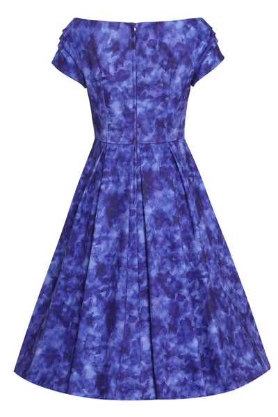 Back view of Purple Watercolour Floral Off Shoulder Dress