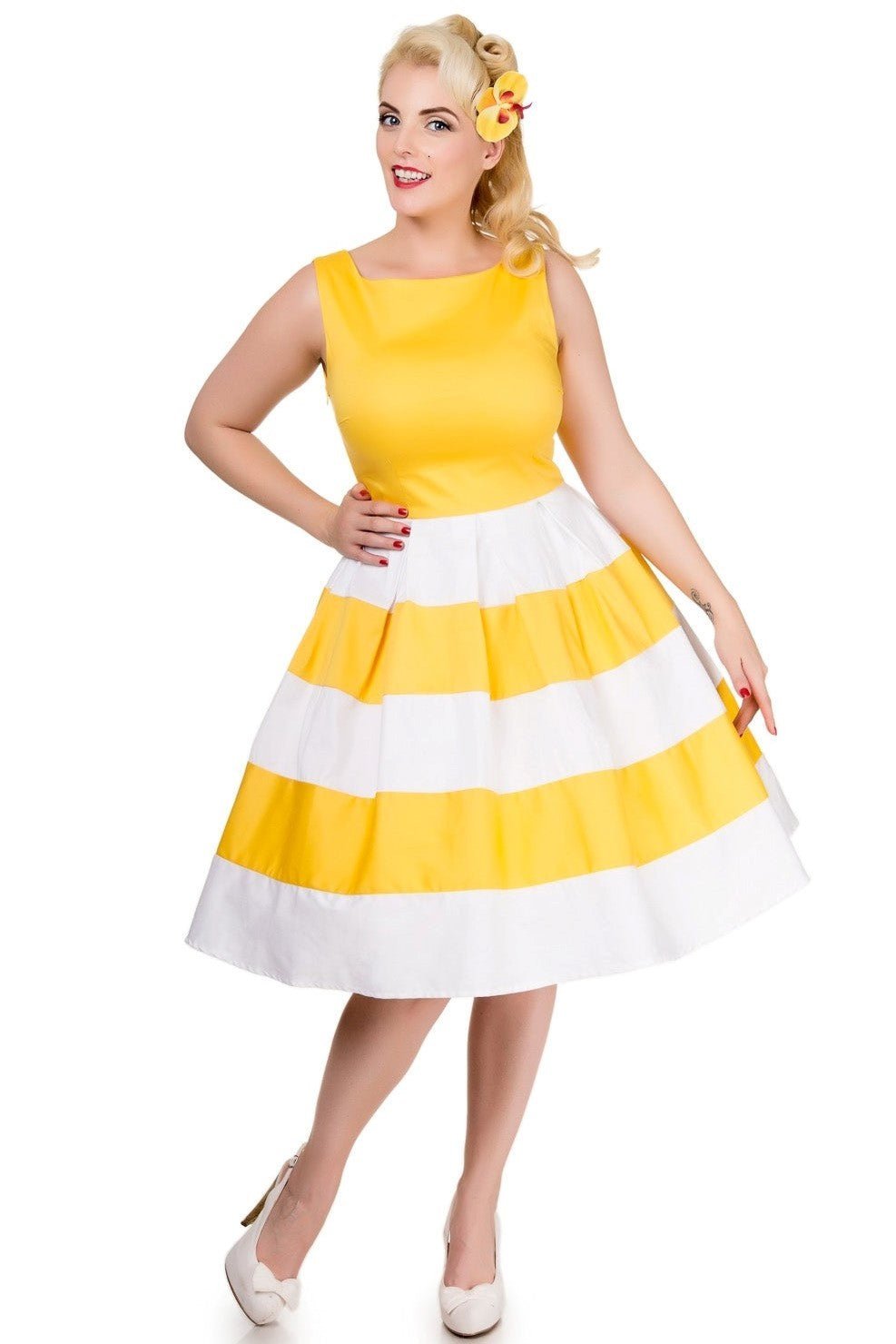 White & Yellow Striped 50s Swing Dress