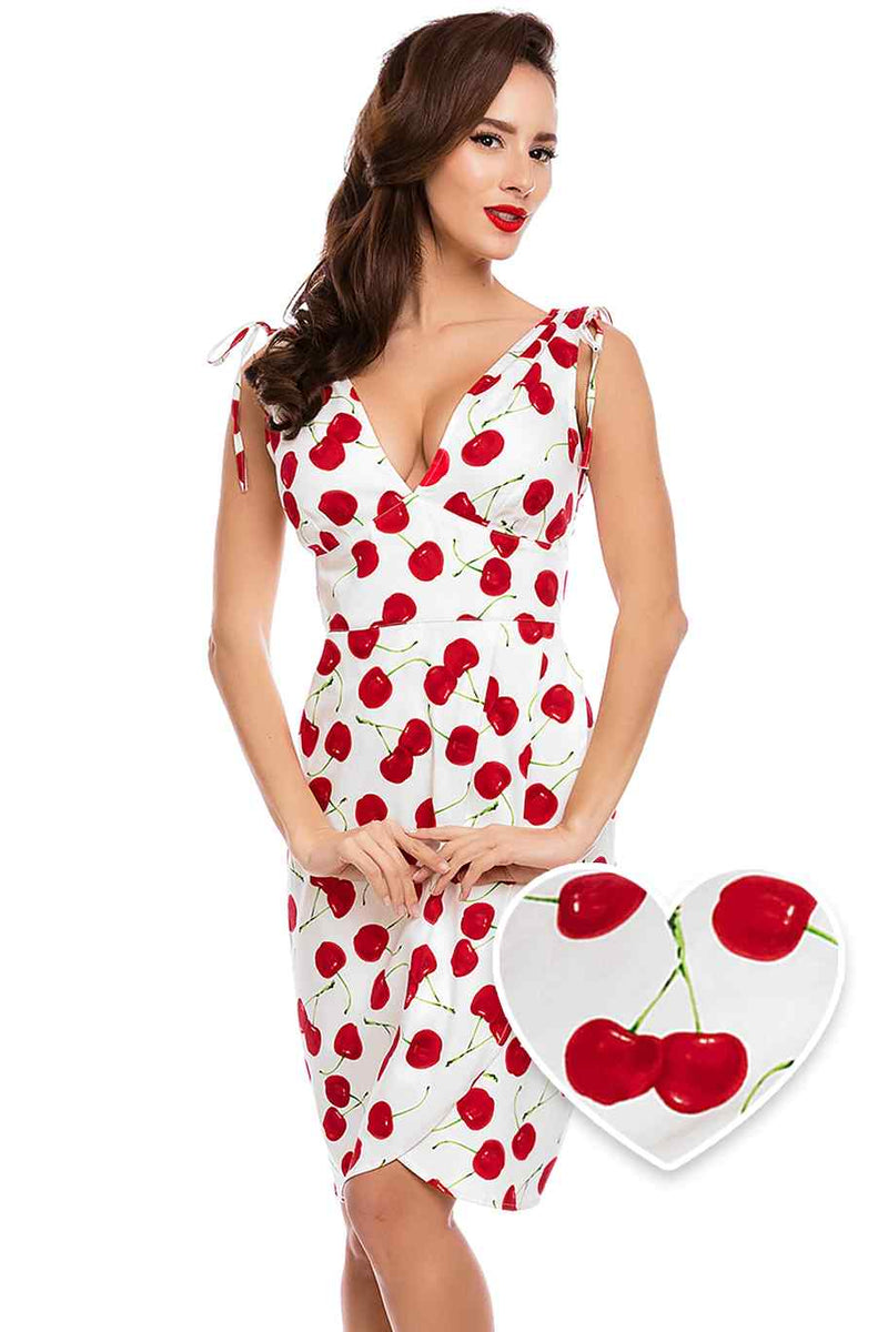 A model wearing a White Cherry Wiggle Dress